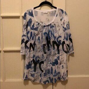 New DKNY DYNYC New York graffiti skyline skyscraper scoop neck layered tunic top